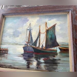 BOAT SCENE SIGNED RACHEL SUTUCK 1965 Framed Nautical Oil Painting withwood Frame